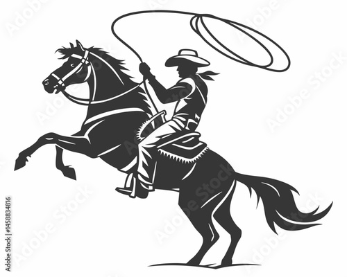 Wallpaper Mural Cowboy on Horse: A silhouette of a skilled cowboy atop a rearing horse, lasso in hand, capturing the essence of the wild west and the spirit of rodeo competition. Torontodigital.ca