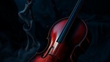 Dramatische Nahaufnahme eines Cellos vor dunklem Hintergrund mit stilisiertem Rauch, geheimnisvolle und ästhetische Atmosphäre.