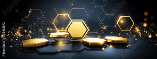Gold Hexagonal Podiums on Dark Abstract Background