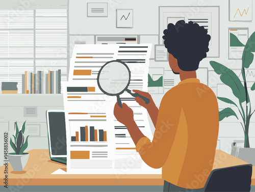  full-shot of a a person reviewing a contract using a magnifying glass to closely examine the details,1