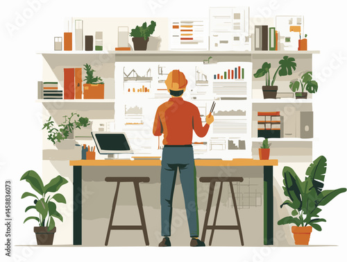  full-shot of a a person reviewing blueprints and architectural designs wearing a hard hat,