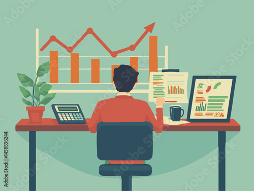  full-shot of a a person reviewing financial documents at a desk with a calculator, financial reports,2