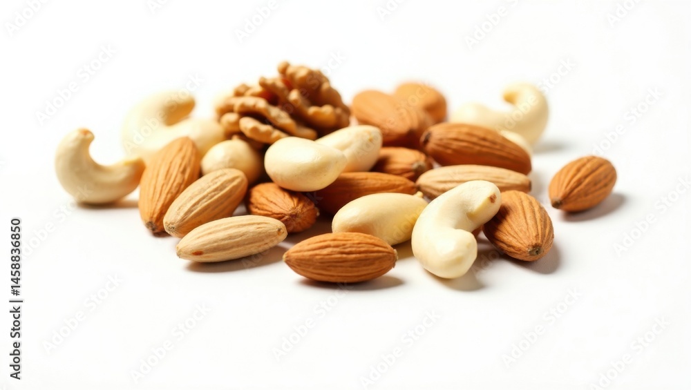 Frutos secos variados, como almendras, anacardos y nueces, aislados sobre fondo blanco Frutos secos variados, como almendras, anacardos y nueces, aislados sobre fondo blanco