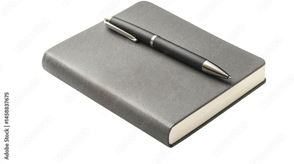 Elegant Grey Notebook and Pen on White Background Elegant Grey Notebook and Pen on White Background