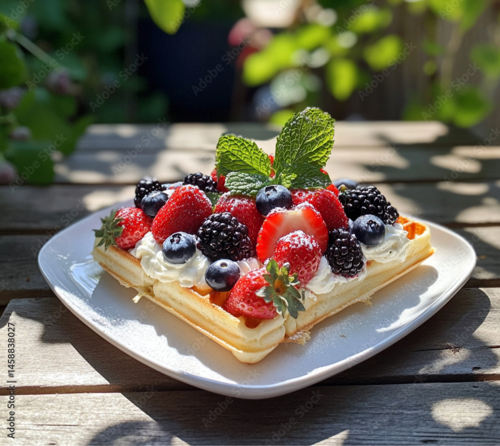 A square waffle with white cream and fruit, placed on an outdoor table at the summer park, On top of the waffle,strawberries, blueberries, grapes, and sliced peaches.