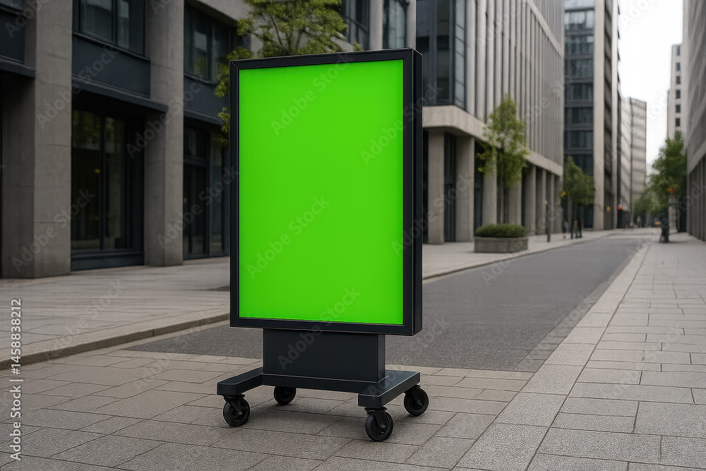 Blank Advertising Display Stand on Urban Street with Green Background