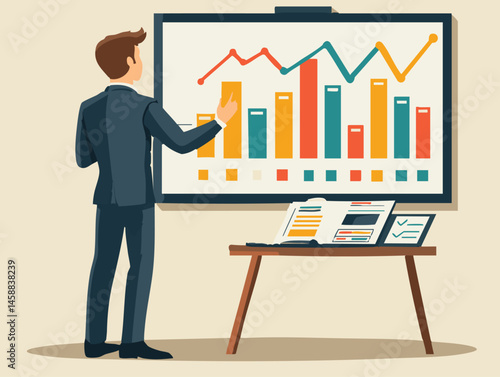  full-shot of a a person conducting a training session standing in front of a projector screen,2