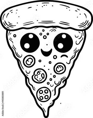 A black and white outline of a pizza slice featuring cheese and crust, drawn with bold lines. Perfect for coloring pages, illustrating delicious food, or other creative uses like doodle art designs