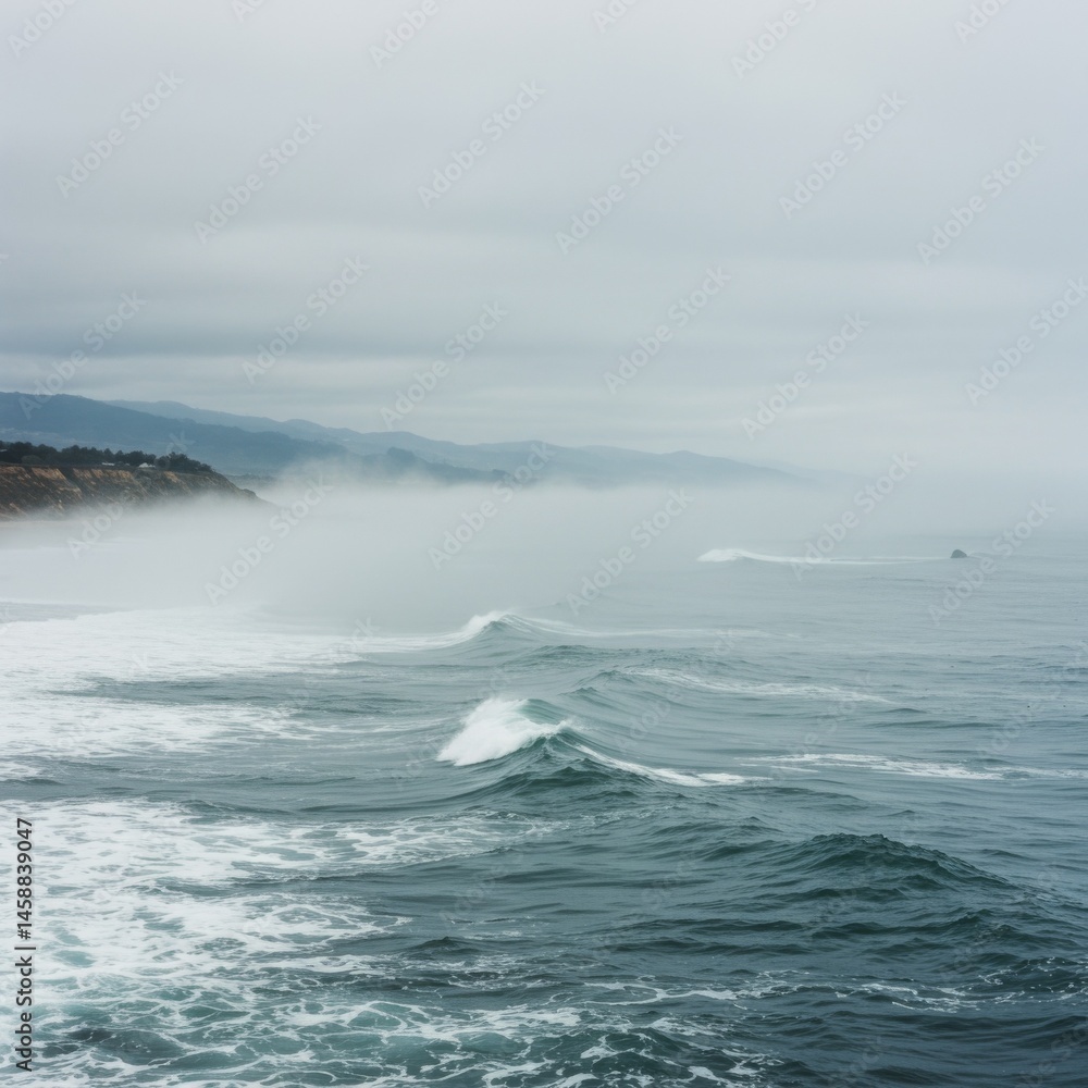 Misty Ocean Coast with Rolling Waves Misty Ocean Coast with Rolling Waves