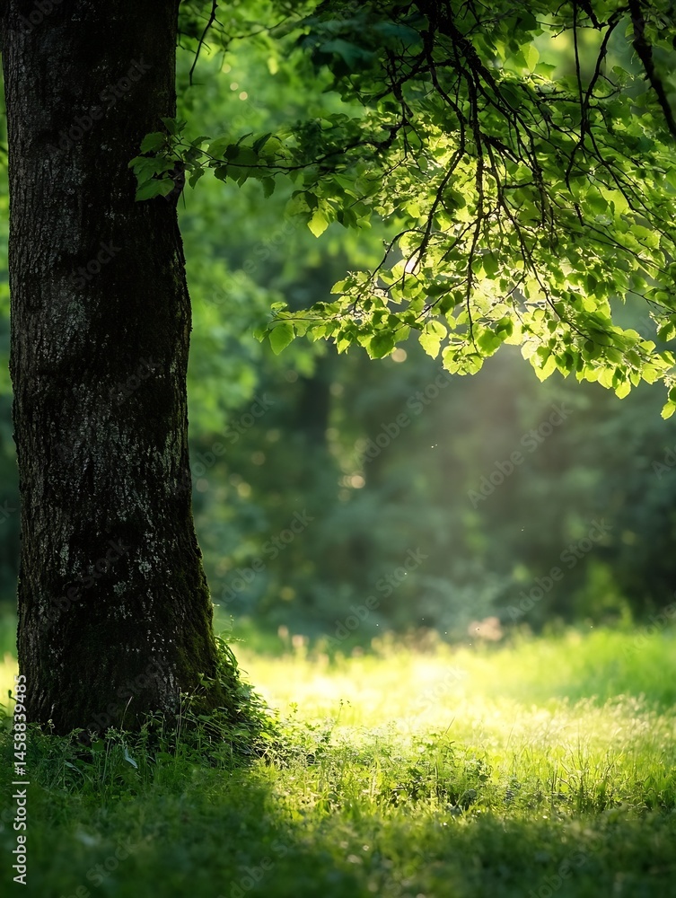 Fototapeta premium Sunlight filters through lush green leaves of a tree, illuminating the base and surrounding grass in a vibrant, natural scene. : Generative AI