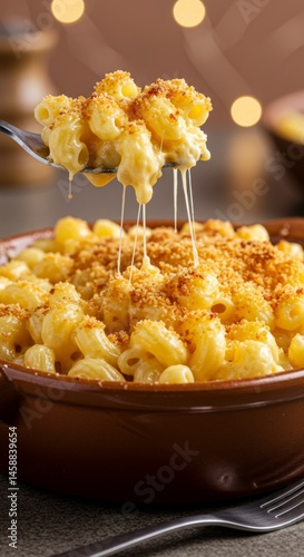 Golden Mac and Cheese in Brown Dish with Melted Cheese