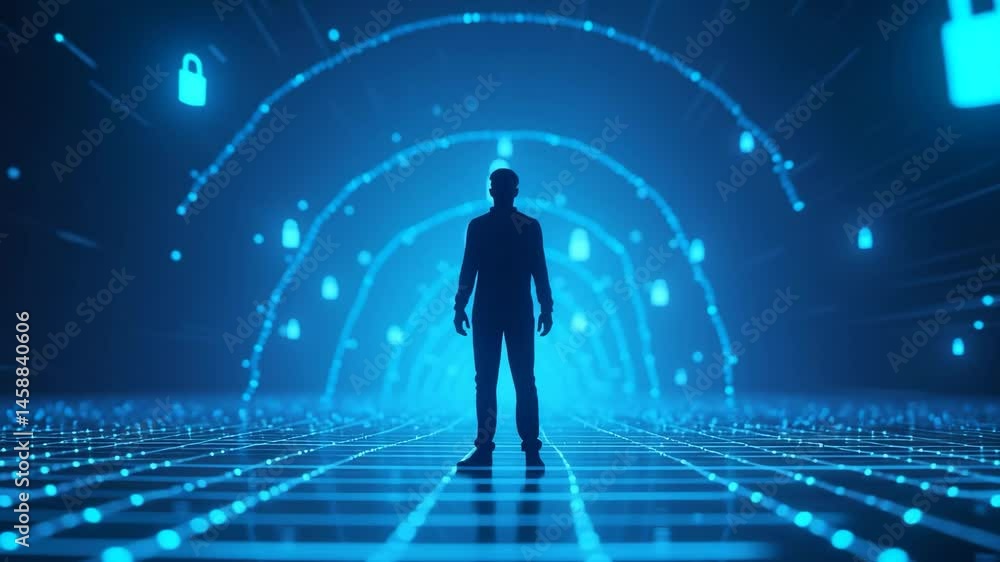 Ciber Security Concept. Realistic render of a person in a data-security tunnel. Ciber Security Concept. Ciber Security Concept. Realistic render of a person in a data-security tunnel. Ciber Security Concept.