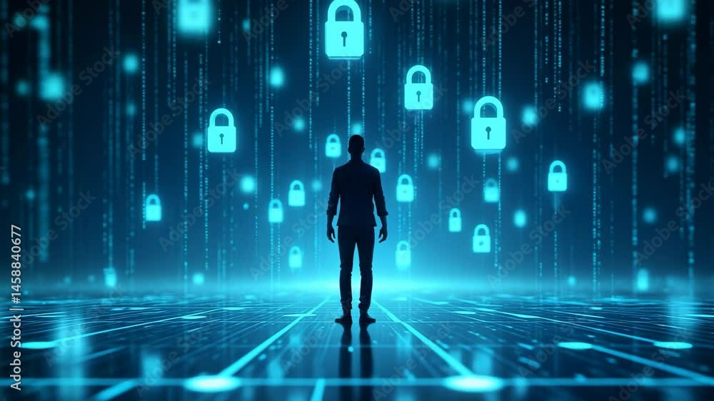 Ciber Security Concept. Symbolic silhouette in a glowing digital grid with security locks Ciber Security Concept. Symbolic silhouette in a glowing digital grid with security locks