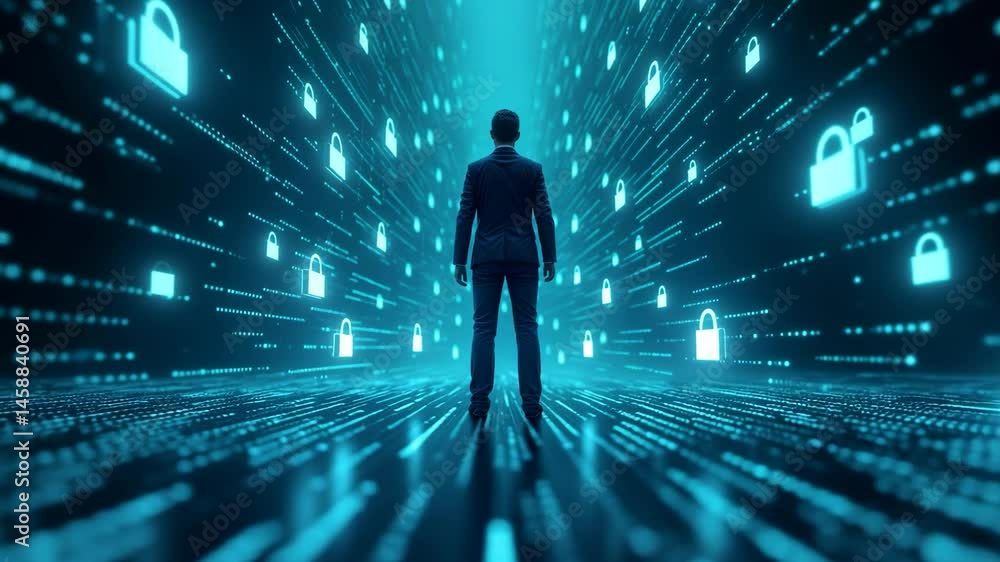 Ciber Security Concept. Cinematic tunnel of digital code and locks representing online protection Ciber Security Concept. Cinematic tunnel of digital code and locks representing online protection