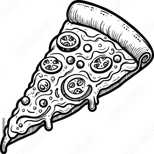 A black and white outline of a pizza slice featuring cheese and crust, drawn with bold lines. Perfect for coloring pages, illustrating delicious food, or other creative uses like doodle art designs