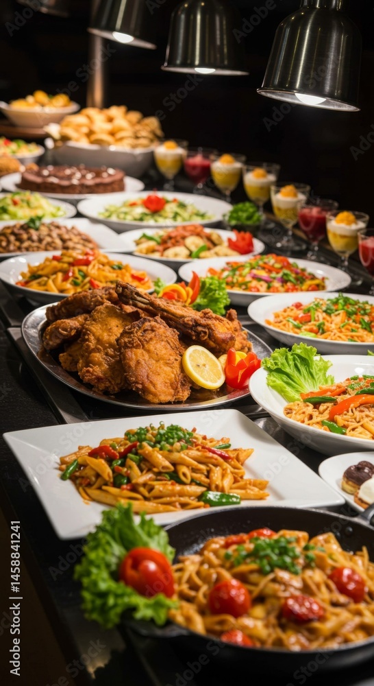Abundant Buffet Food Display with Pasta and Fried Chicken Abundant Buffet Food Display with Pasta and Fried Chicken