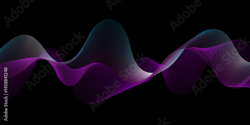 Abstract wave lines dynamic flowing neural network purple blue light Isolated on black background. 