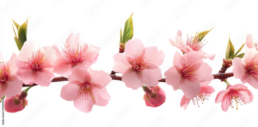 Naklejka premium Pink cherry blossoms sit on a branch that has been isolated on a transparent background