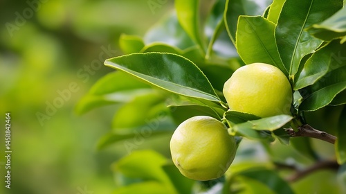 Wallpaper Mural Two unripe limes hang from a branch, nestled amongst vibrant green leaves, bathed in soft sunlight.  The blurred background suggests a lush citrus grove. : Generative AI Torontodigital.ca