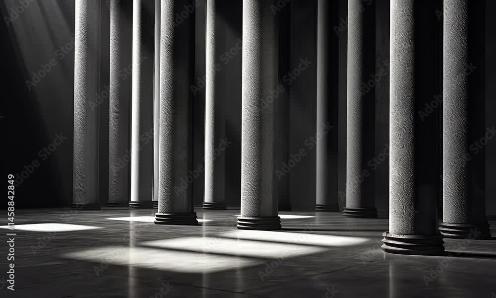 A black warehouse with large columns and an empty floor, the scene is illuminated by spotlights, creating long shadows on the ground. A black warehouse with large columns and an empty floor, the scene is illuminated by spotlights, creating long shadows on the ground.