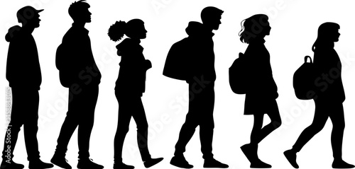 Walking People Silhouettes – Vector Illustration of Men and Women with Backpacks in Profile View, Isolated on White Background