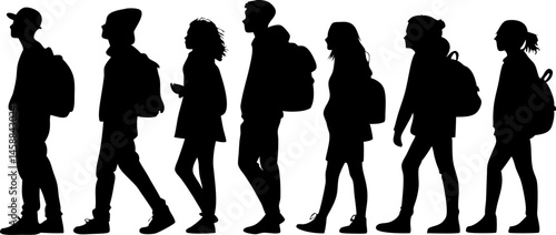 Walking People Silhouettes – Vector Illustration of Men and Women with Backpacks in Profile View, Isolated on White Background