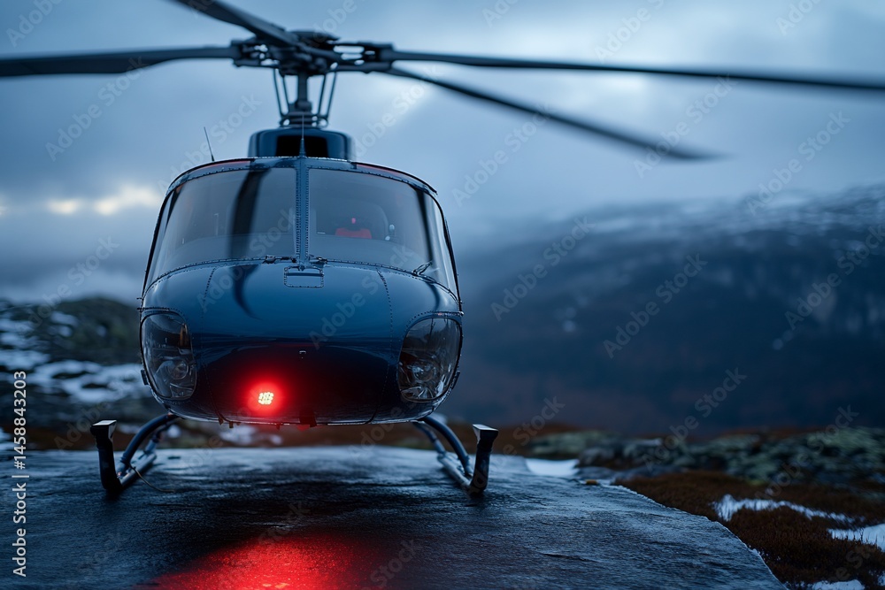Obraz premium Helicopter preflight checks on a craggy mountain landscape at dusk