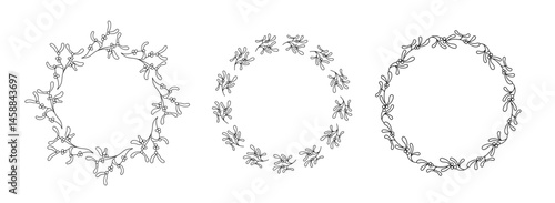 Elegant set of mistletoe wreath in linear style. Circular botanical frames with berries and leaves for Christmas greeting cards, invitations, packaging, and festive decor