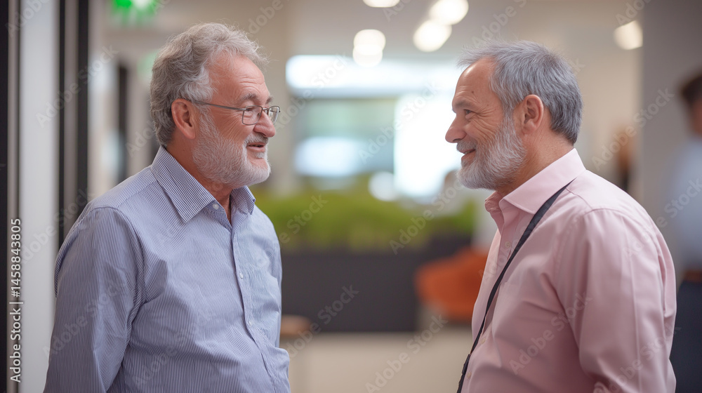 Obraz premium friendly business conversation between colleagues in formal suits, modern office background, professional networking