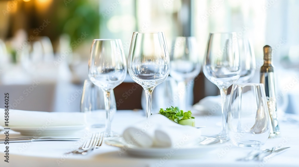 Elegant table setting with empty wine glasses, silverware, and a napkin at a fine dining restaurant, featuring a subtly blurred background. : Generative AI Elegant table setting with empty wine glasses, silverware, and a napkin at a fine dining restaurant, featuring a subtly blurred background. : Generative AI