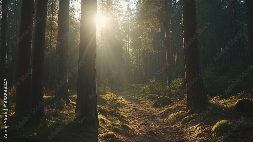 Fototapeta premium Sunlit Forest Path: A Mystical Morning in the Woods