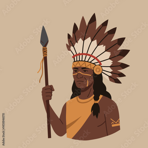 Amazonian Tribe Member with Feather Headdress Holding a Spear  