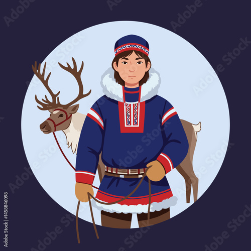 Sámi Reindeer Herder Holding Reindeer in Arctic Tunic  