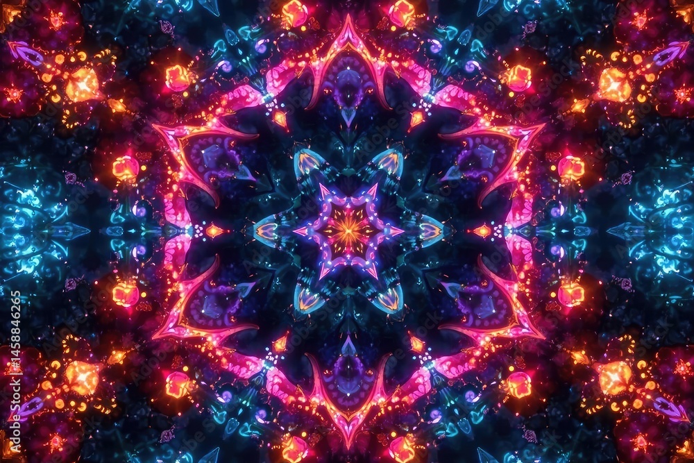 Geometric shapes forming kaleidoscopic fractal patterns , repeating, intricate, symmetrical Geometric shapes forming kaleidoscopic fractal patterns , repeating, intricate, symmetrical