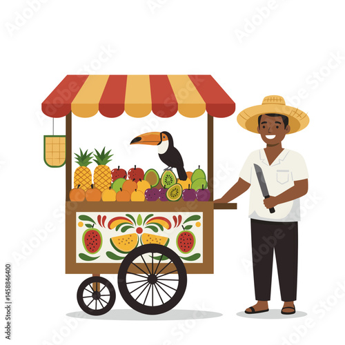 Latin American street vendor smiling with fruit cart against white background  