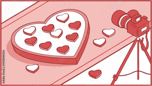 Vector heart shaped box filled with red and white chocolates, surrounded by scattered heart shaped candies, with camera nearby