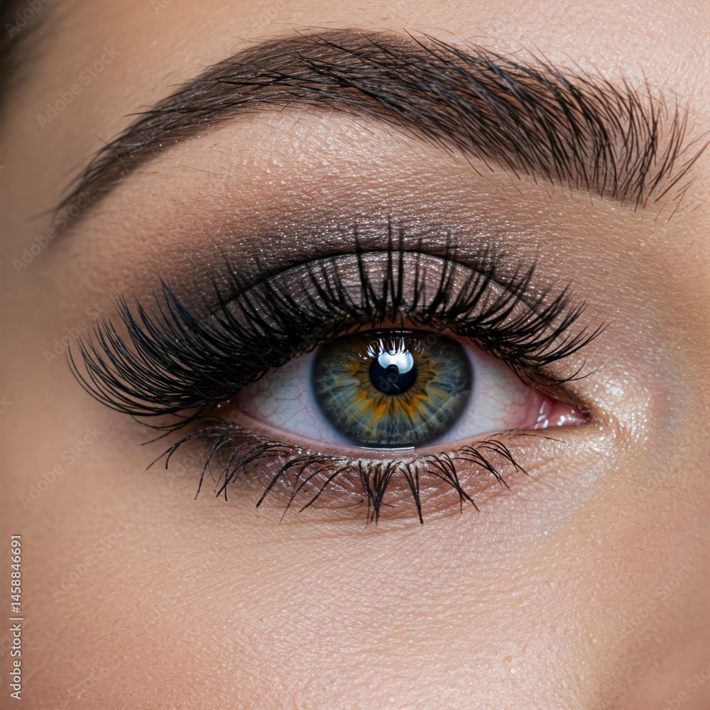 Obraz premium Female eye with long false eyelashes. Female Eye with Extreme Long False Eyelashes. Eyelash Extensions. Makeup, Cosmetics, Beauty