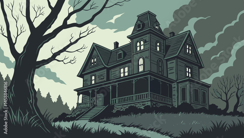 Vector creepy haunted house with dark ominous clouds creates eerie atmosphere, perfect for spooky setting