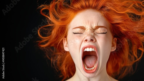 A vibrant red-haired girl captures a raw moment of emotion, her face contorted in a powerful scream, showcasing intensity and passion against a dark background.