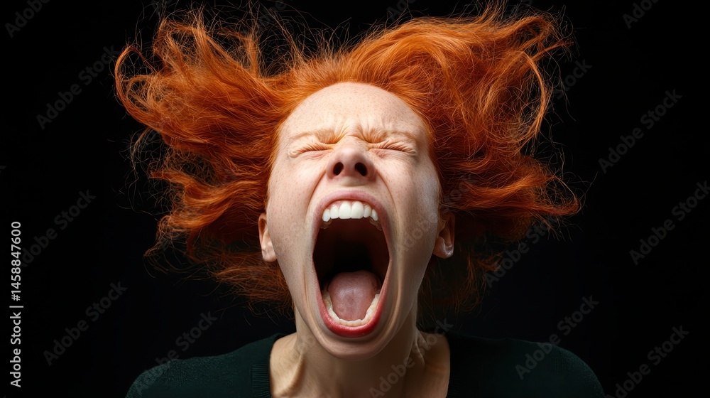 A striking portrait of a person with wild, curly red hair expressing a powerful emotion through a dramatic yell against a dark background, capturing raw human intensity. A striking portrait of a person with wild, curly red hair expressing a powerful emotion through a dramatic yell against a dark background, capturing raw human intensity.