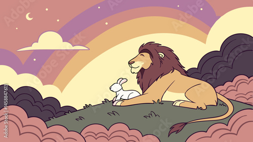Vector lion and lamb peacefully lying together on hill under colorful sky, surrounded by clouds and rainbow