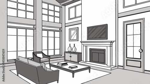 Vector minimalist living room with open floor plan features large windows, cozy seating area, and modern fireplace