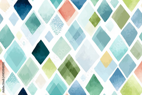 Watercolor Geometric Diamond Tile Pattern in Pastel Blue Green and Peach Tones on White Background