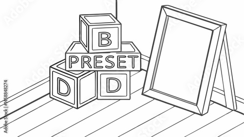 Vector stack of wooden cubes with letters and blank picture frame in simple room setting creates playful atmosphere