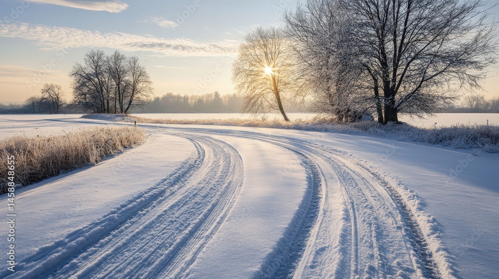 snow-covered road in a winter landscape, tire tracks marking the icy path snow-covered road in a winter landscape, tire tracks marking the icy path