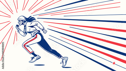 Vector dynamic of female runner in motion, showcasing energy and determination with red and blue light rays
