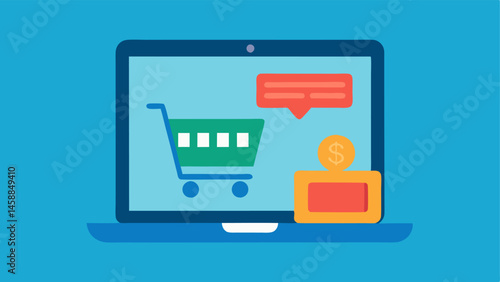 ECommerce Checkout An illustration of a laptop screen displaying a shopping cart filled with items and a prominent button for Pay with Digital Wallet.