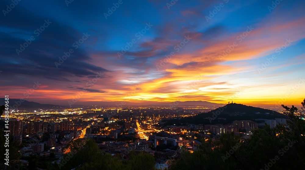 Obraz premium Vibrant sunset over a sprawling city skyline, illuminated buildings and streets at dusk, mountains in the distance under a fiery orange and blue sky. : Generative AI