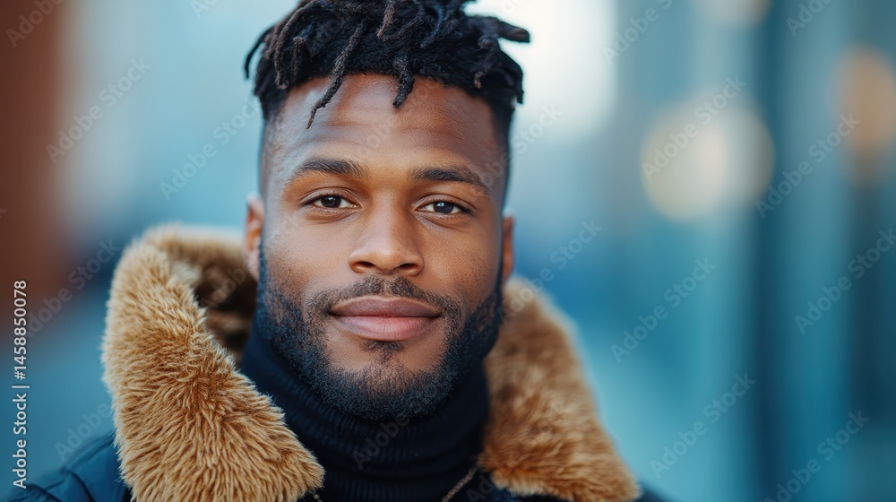 Fototapeta premium A stylish man with dreadlocks and a warm smile stands confidently in a thick winter coat, embodying urban fashion amidst a blurred city backdrop, radiating charisma.