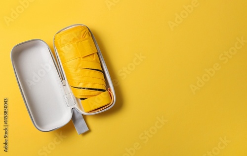 фотографія Compact yellow umbrella in protective carrying case on a light yellow background